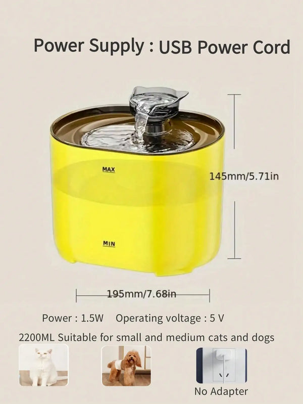 Yellow USB power cord pet water fountain for cats and dogs with a stainless steel water reservoir