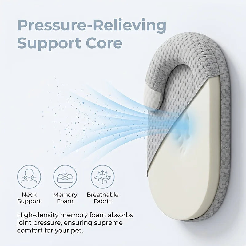 A gray pet bed featuring a pressure-relieving support core designed for neck comfort.