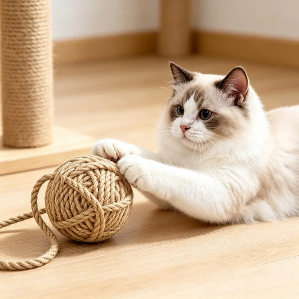 A fluffy white cat is interacting with a natural sisal yarn ball toy on a wooden floor.
