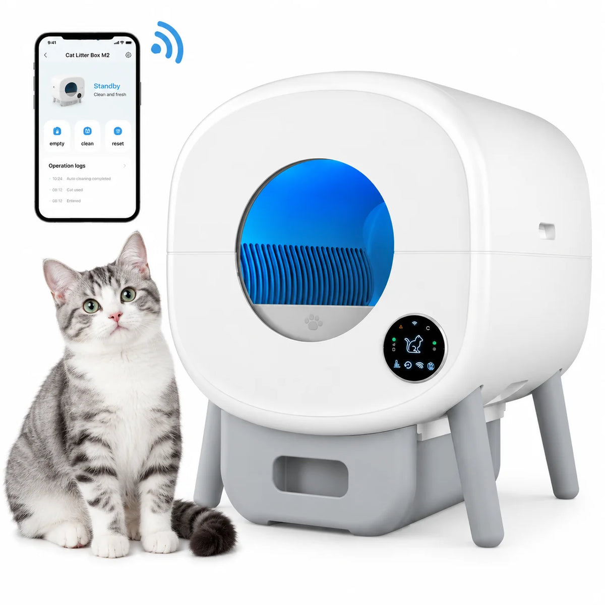 A white smart self-cleaning cat litter box is shown with a cat nearby and a smartphone displaying operation logs.