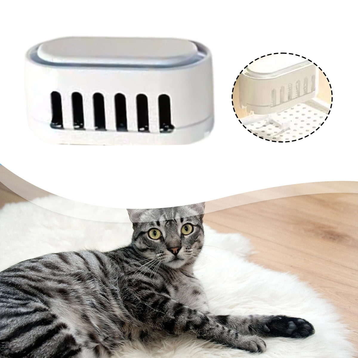 A white smart cat litter box deodorizer is shown next to a tabby cat lying on a white fur rug.