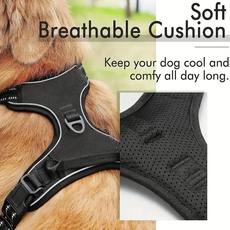 A close-up of a black soft breathable dog cushion harness worn by a light brown dog.