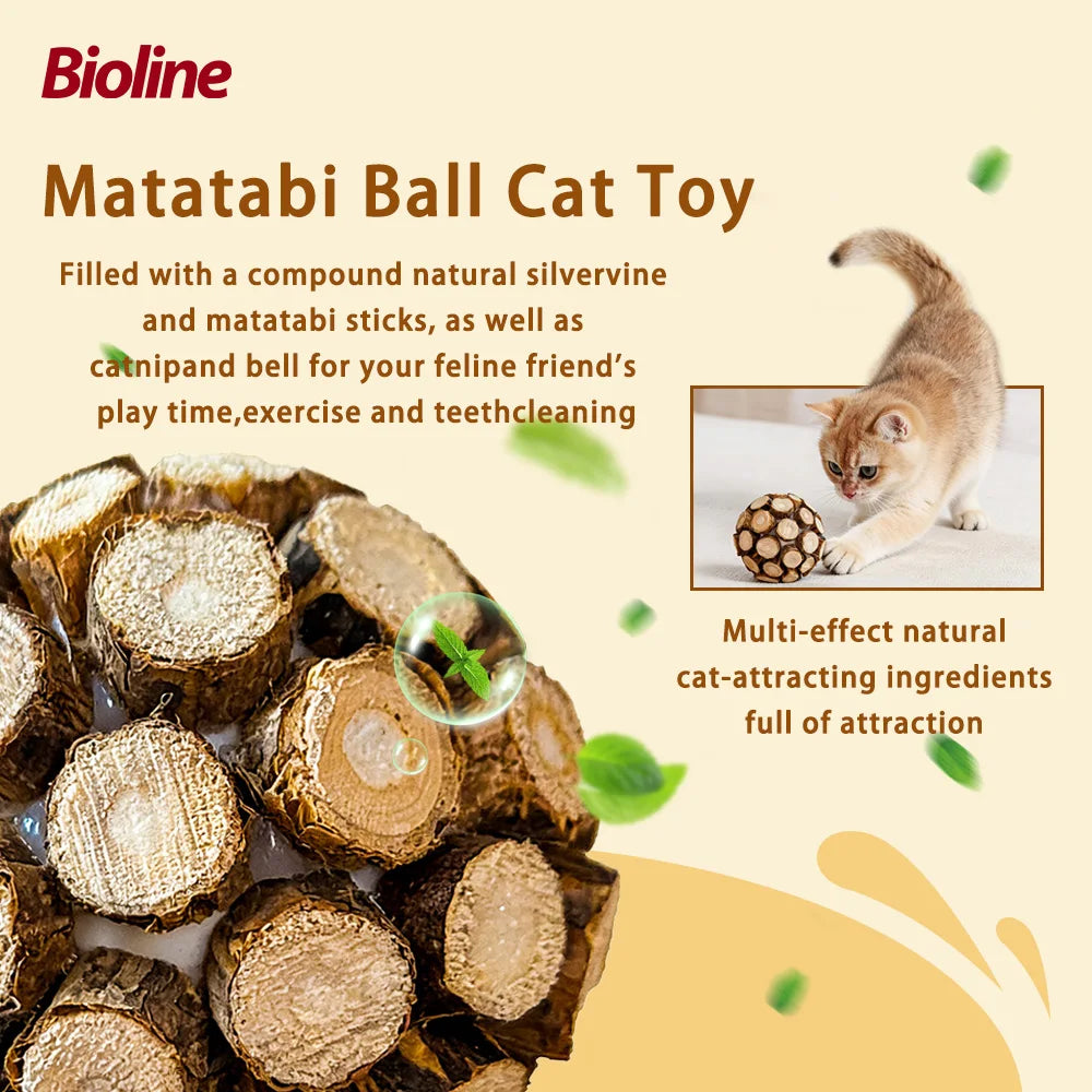 A ball-shaped cat toy made with natural silvervine and matatabi sticks for feline play and teeth cleaning.