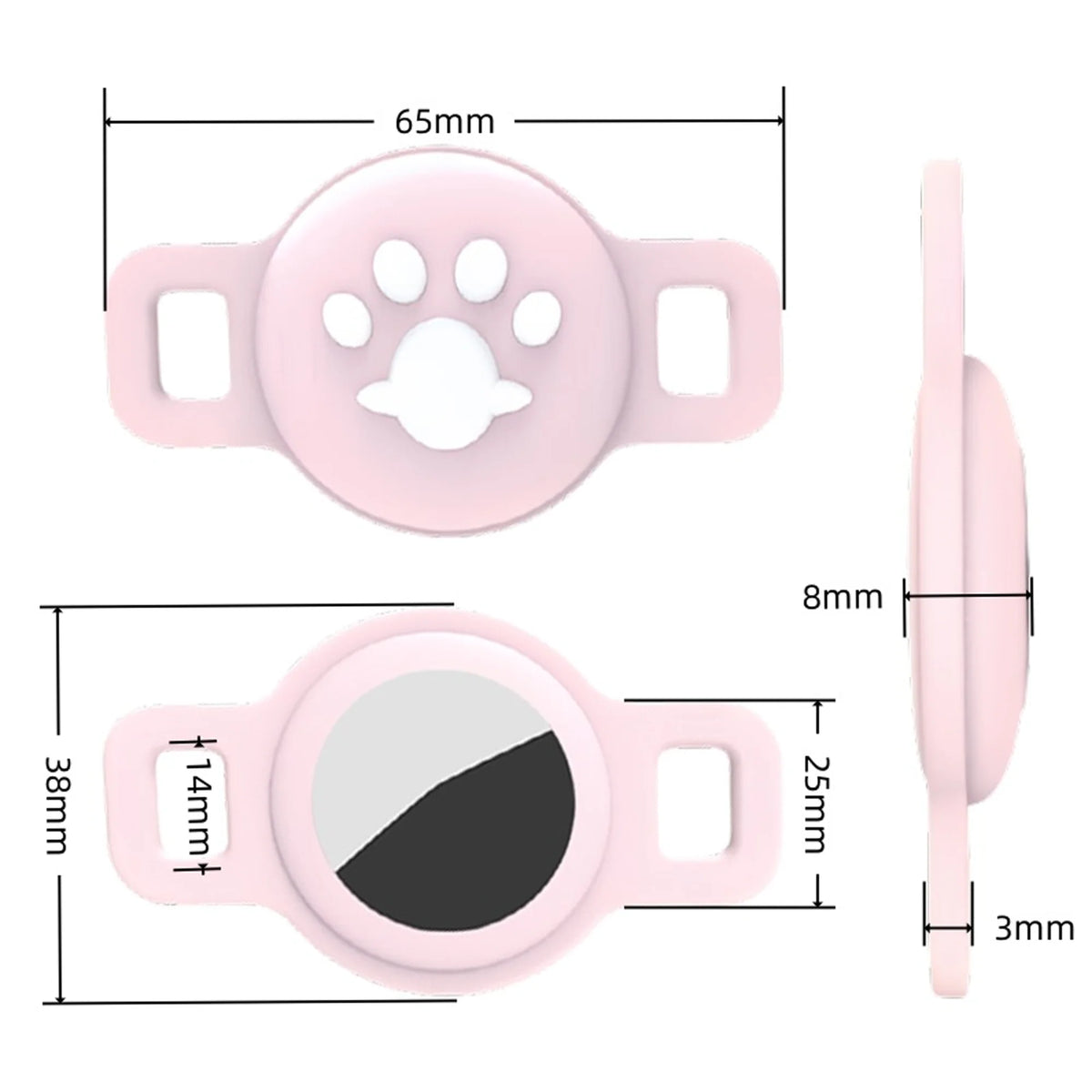Pink silicone collar holder with a paw print cutout and a black lens for an AirTag.