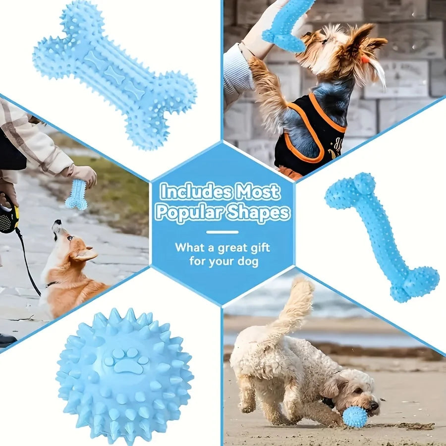 Set langlebige blaue Kauzuhspielzeuge in Form von Knochen, Dachs und Pfote für Hunde.