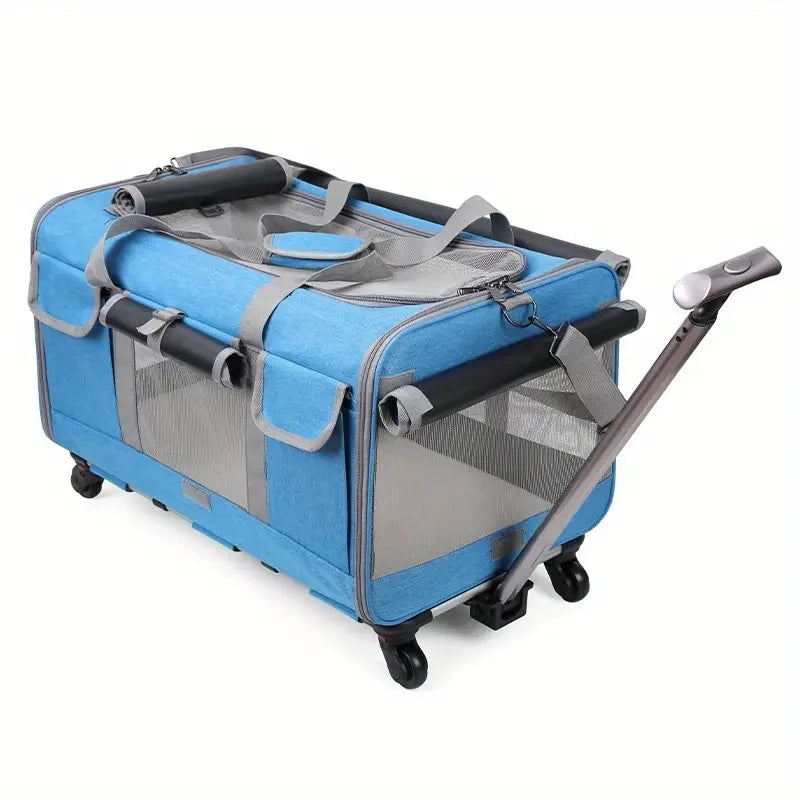 Un transporteur portable bleu pour animaux de compagnie avec poignée et roues.