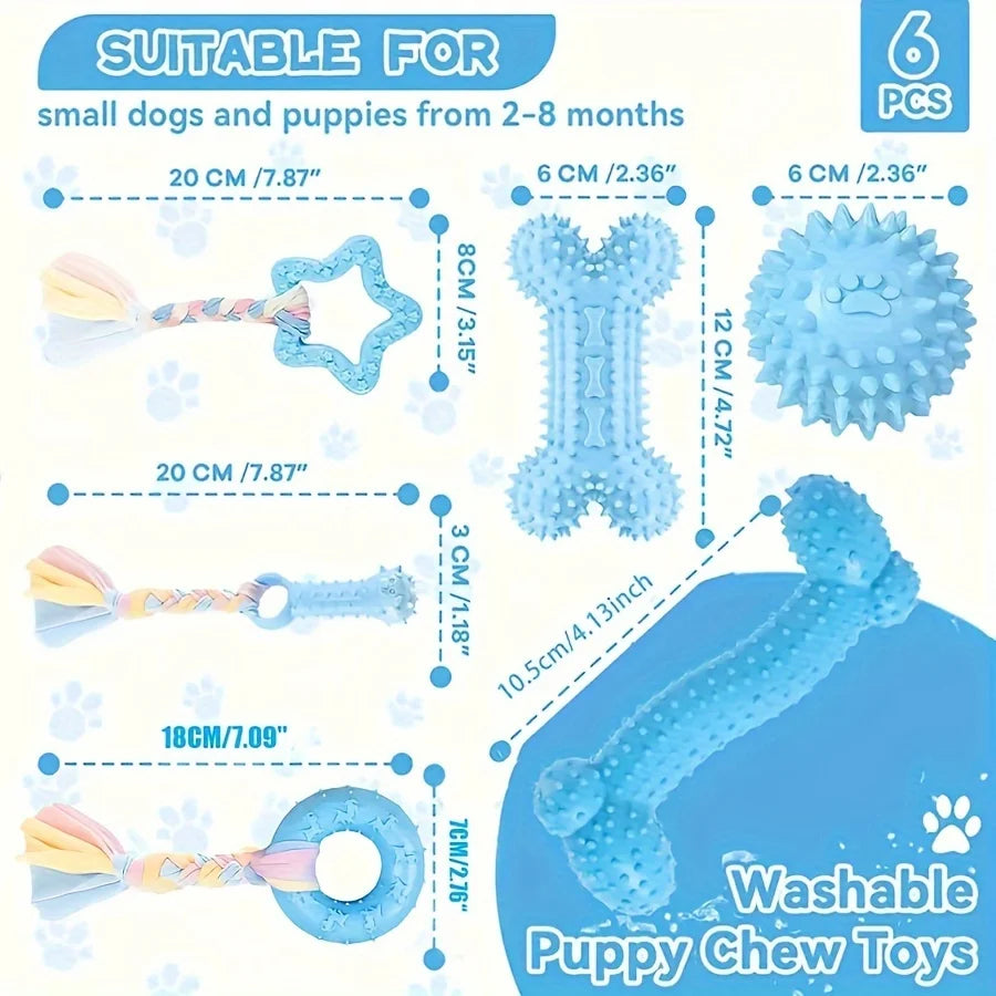 Ein Set von sechs blauen Gummibälle zum Kauen für kleine Hunde und Welpen in verschiedenen Formen und Größen.