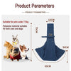 A dark blue portable pet carrier sling bag shown next to various dogs and cats, with dimensions labeled.