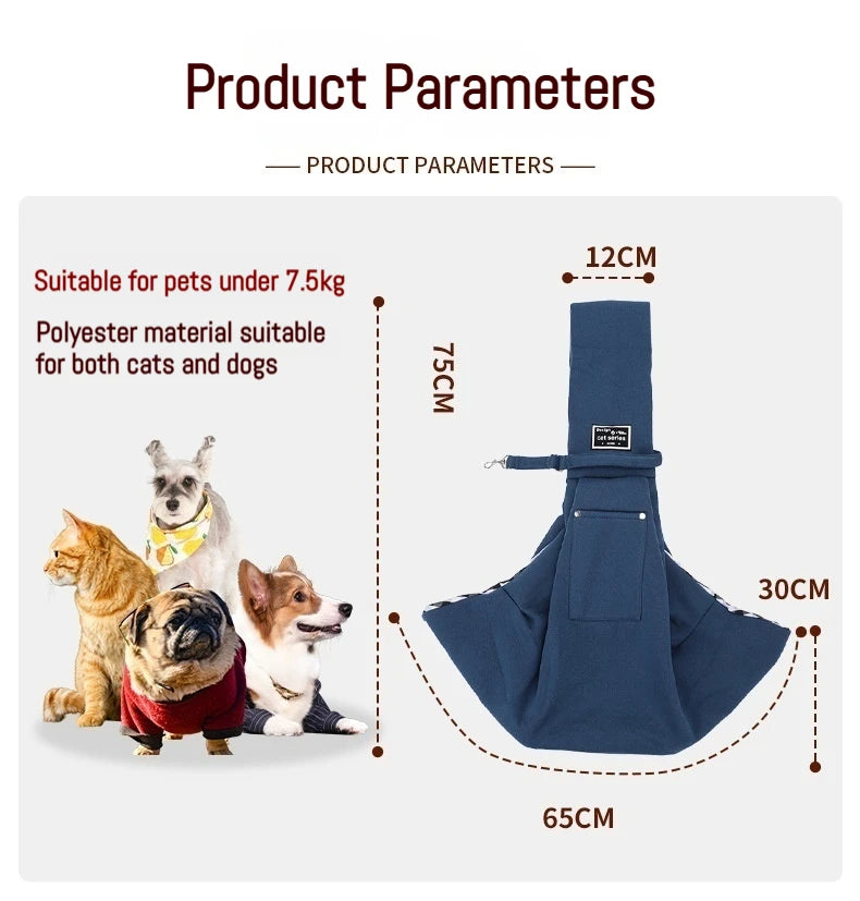 A dark blue portable pet carrier sling bag shown next to various dogs and cats, with dimensions labeled.