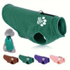 A green fleece dog sweater and various colored knitted dog sweaters are displayed.