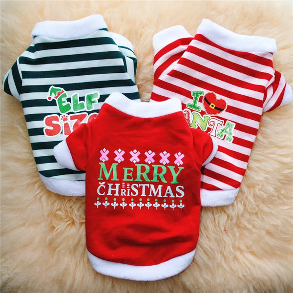 Red and white holiday striped sweatshirt with green lettering on the front