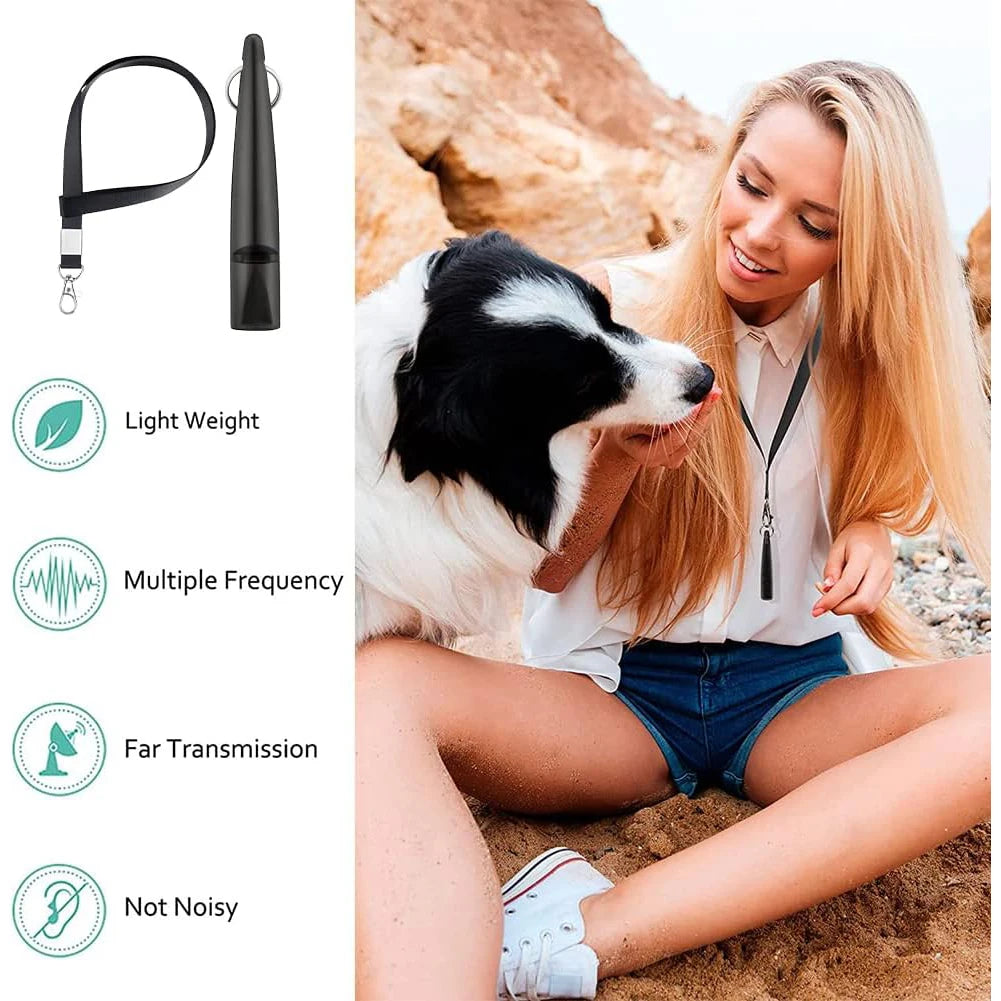 A blonde woman is shown training a black and white dog using an ultrasonic whistle and lanyard outdoors.