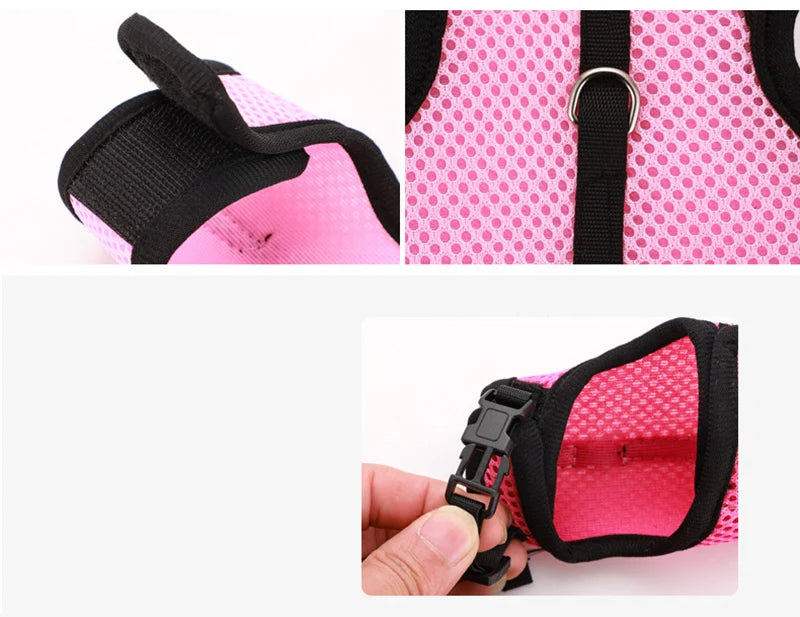 Pink mesh breathable small animal harness and leash set with black straps