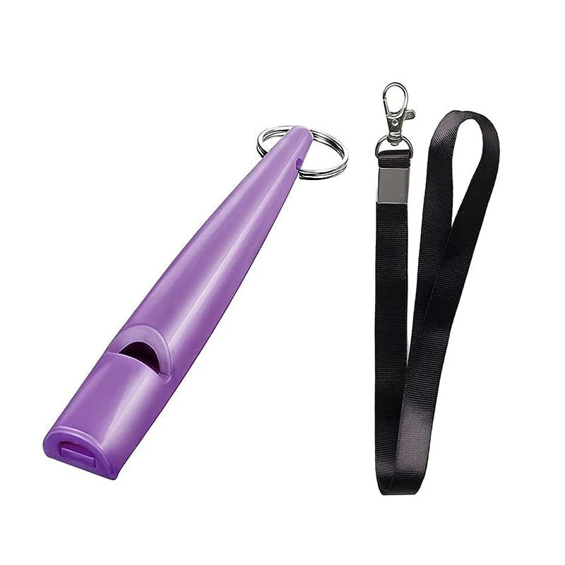 Purple ultrasonic dog training whistle with a black lanyard attached.