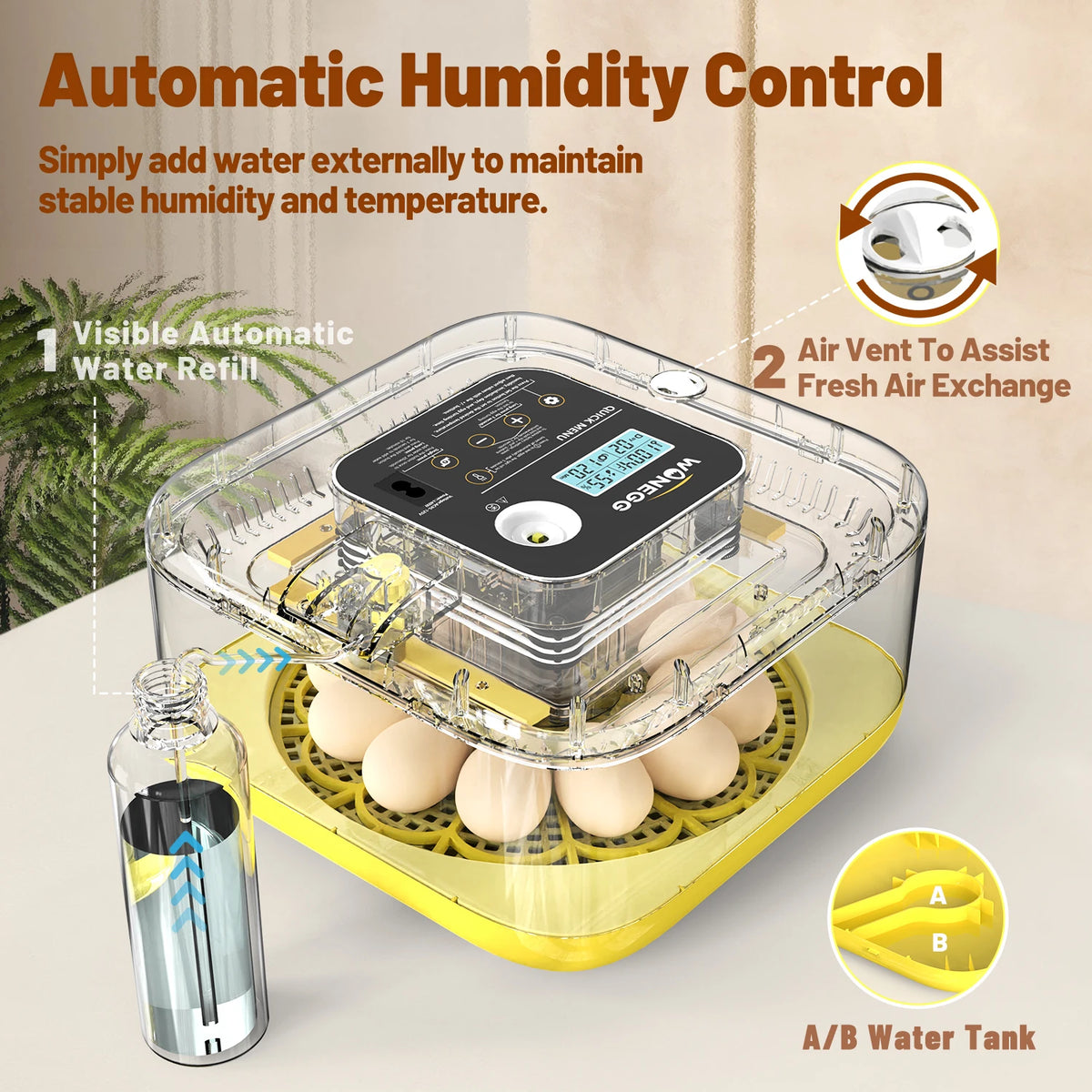 Automatische Luftfeuchtigkeitsregelung mit A/B-Wasserbehälter und Eierfächern zur Inkubation.