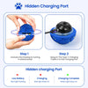 Diagram showing how to use the hidden charging port on an interactive TPU dog ball for charging.
