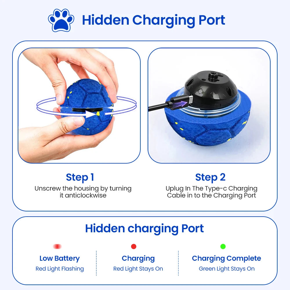 Diagram showing how to use the hidden charging port on an interactive TPU dog ball for charging.