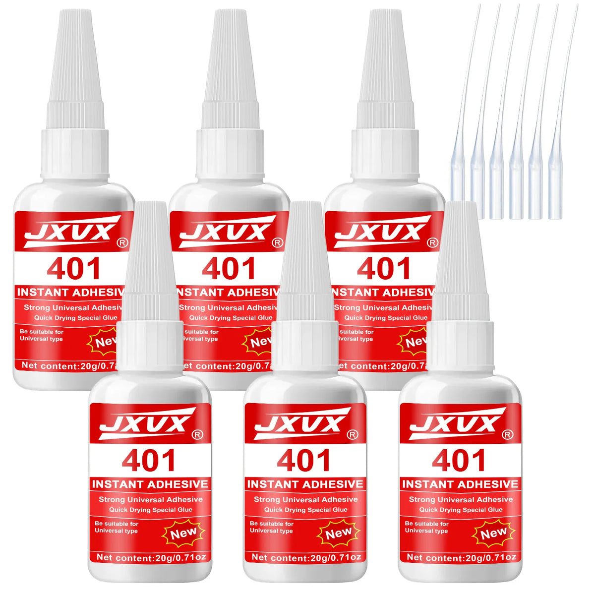 A collection of JXVX 401 instant adhesive bottles with various tips and droppers.