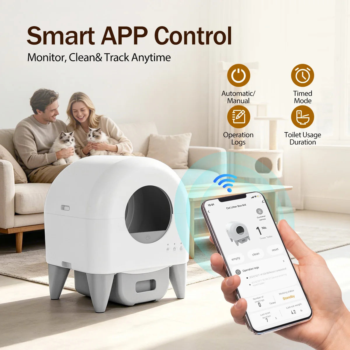 A white automatic cat litter box is shown next to a smartphone displaying control options for smart app monitoring.