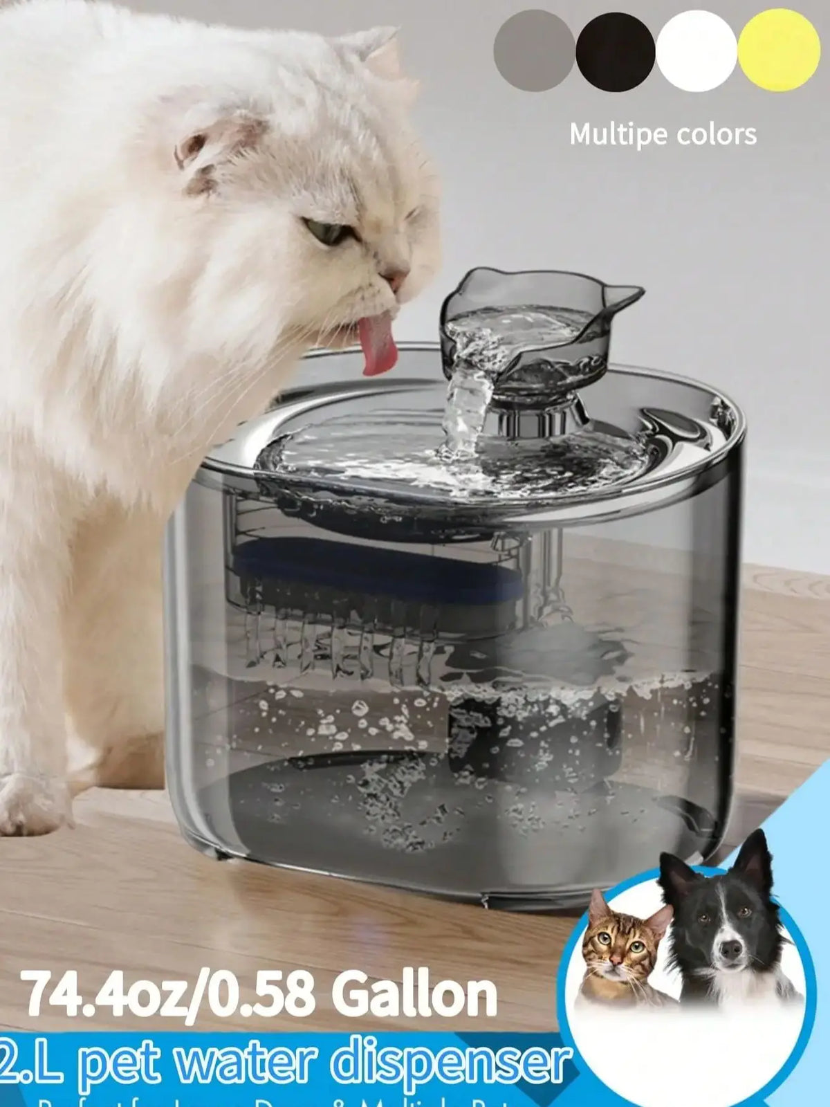 A white cat is drinking water from a clear pet water dispenser, which is part of a 2.2L automatic pet water fountain.