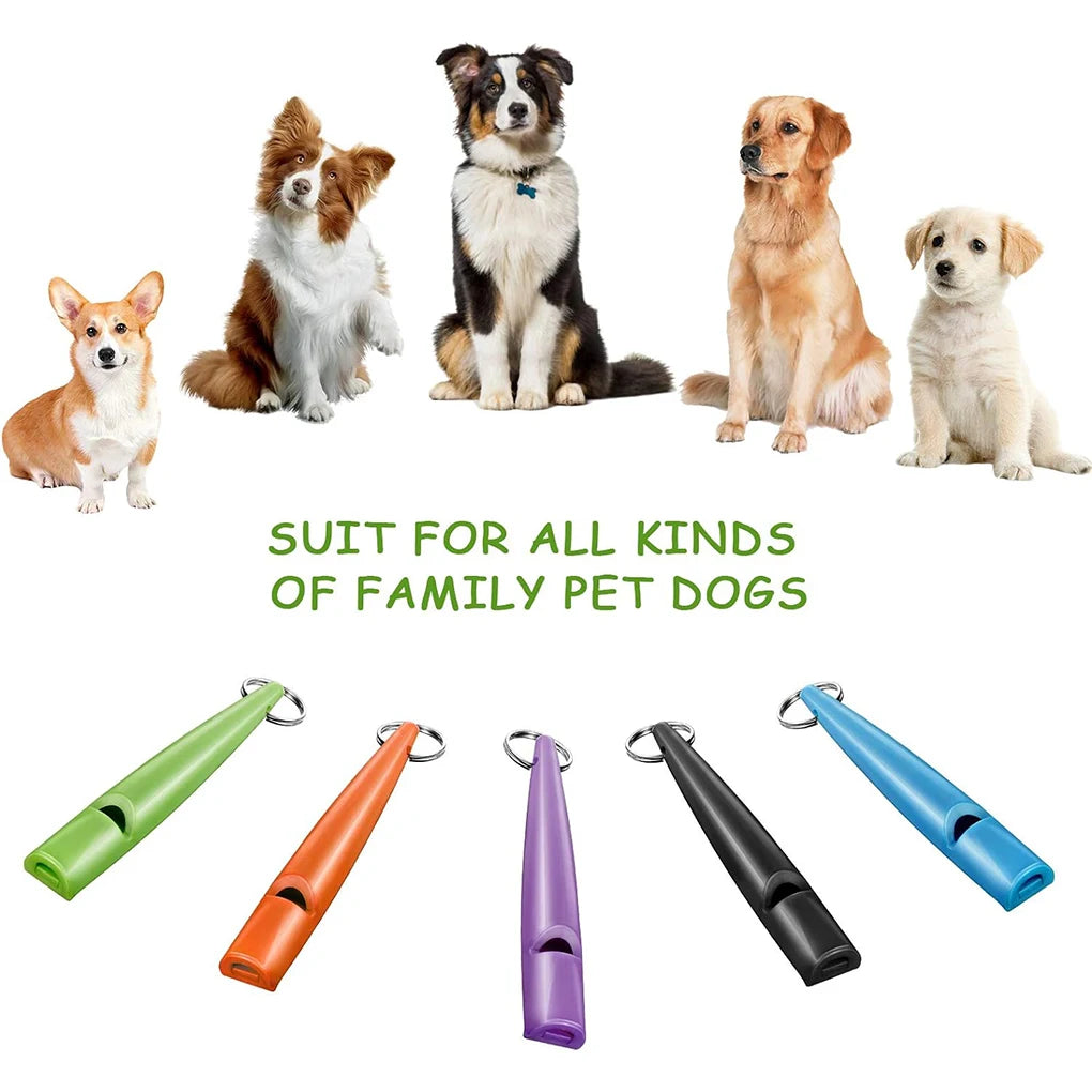 A collection of five dog breeds and various colored ultrasonic training whistles with lanyards.