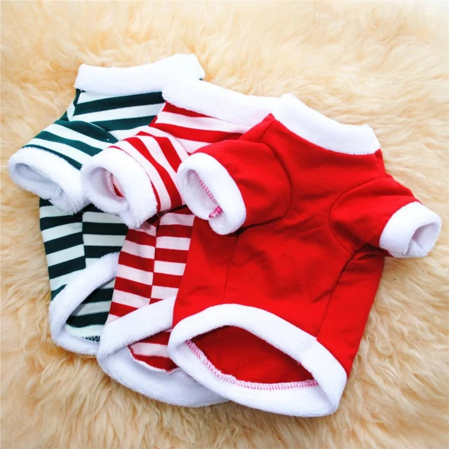Red and white striped letter print pet sweatshirt lying on a fluffy yellow background