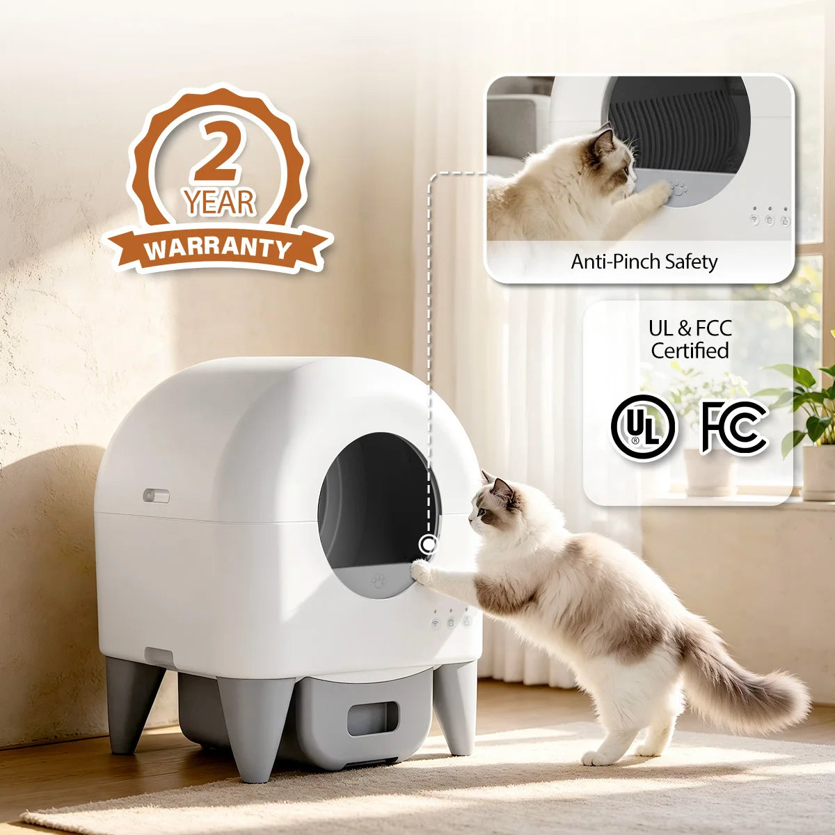 A white automatic self-cleaning cat litter box is shown with a cat interacting with it, featuring a 2-year warranty and UL & 
