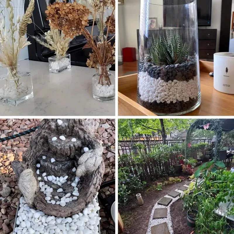 A glass jar filled with white pebbles used as a decorative planter for succulents and plants.