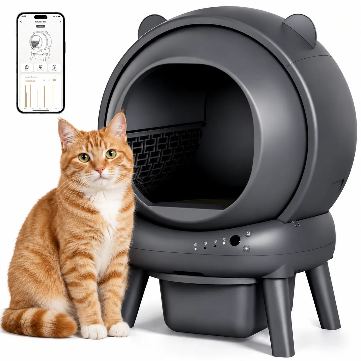A gray automatic self-cleaning cat litter box with a smart app interface displayed on a smartphone.
