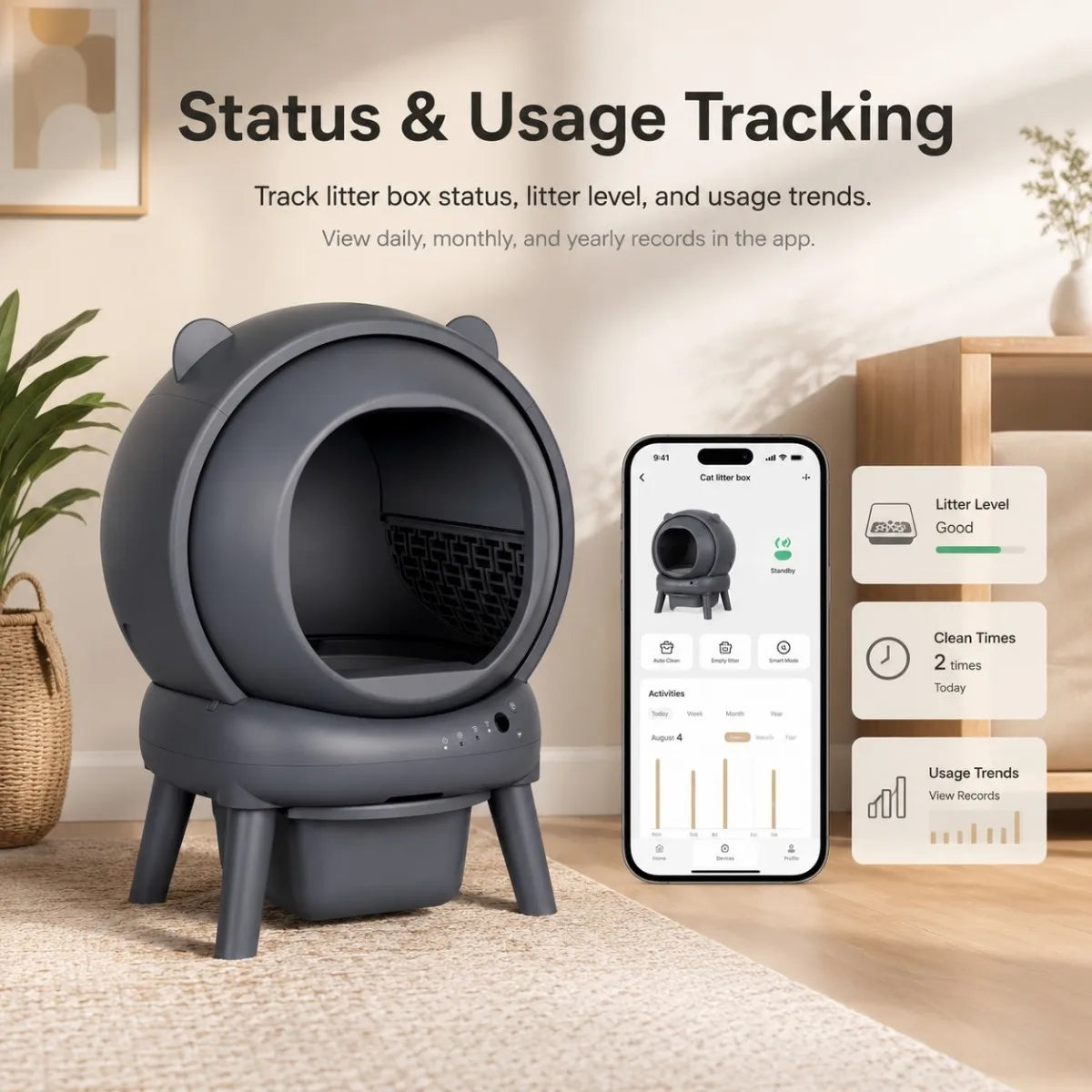 A gray automatic self-cleaning cat litter box is shown next to a smartphone displaying usage tracking data.