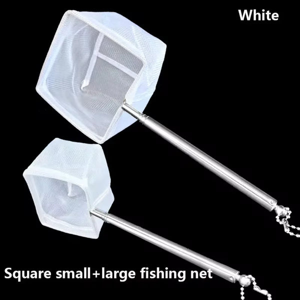 White stainless steel aquarium landing net with square mesh for small and large fish