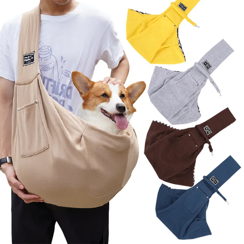 A beige portable pet carrier sling bag is shown being carried by a person, with yellow and brown fabric slings displayed near