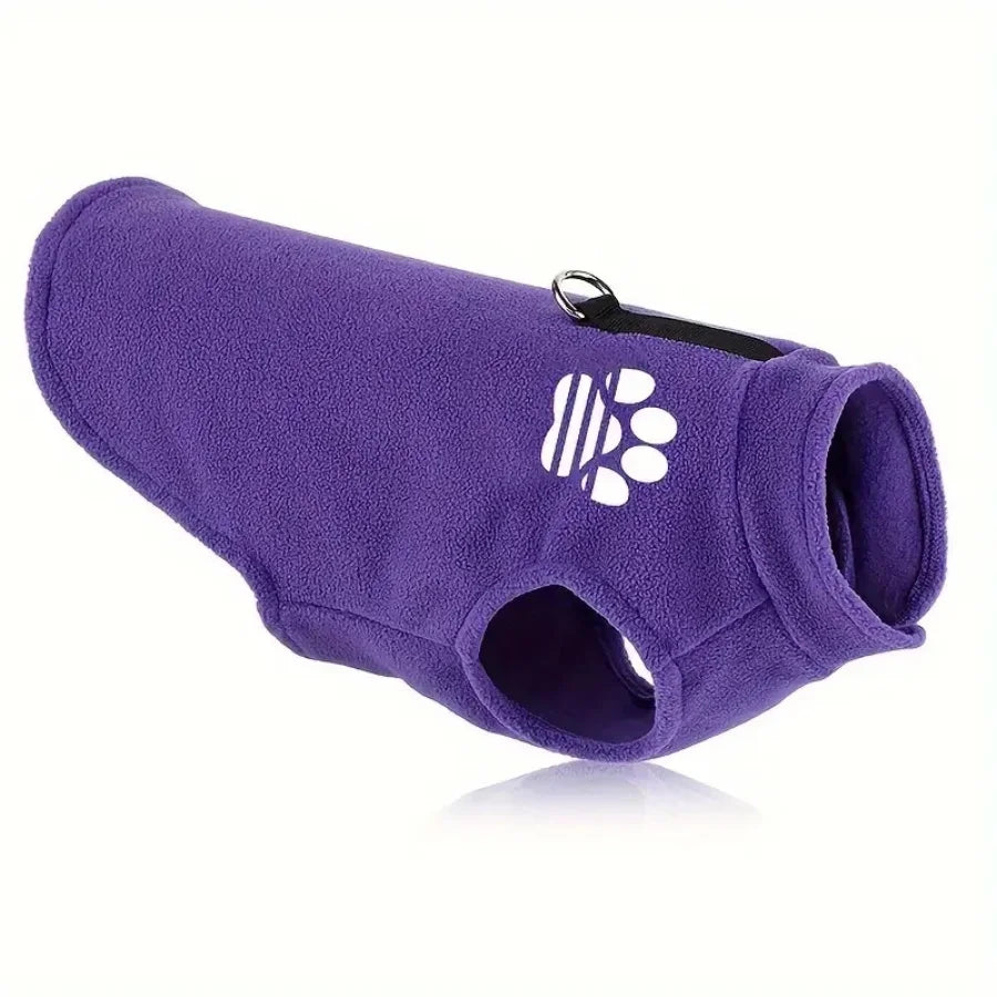 Purple cozy fleece dog sweater with a black strap and a cutout for the neck