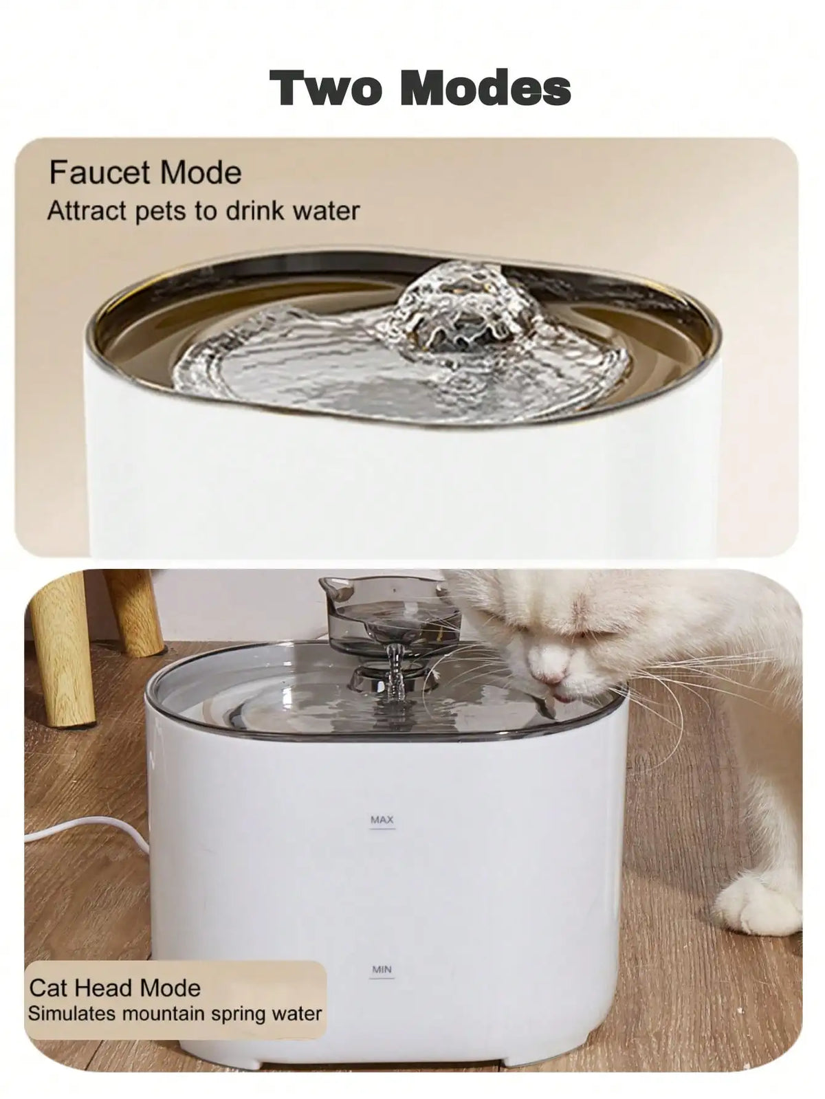 A white pet water fountain shown in two modes: a faucet mode and a cat head mode simulating mountain spring water.