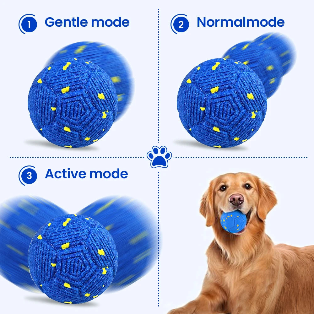 Three modes of an interactive blue dog ball are shown: Gentle, Normal, and Active modes.