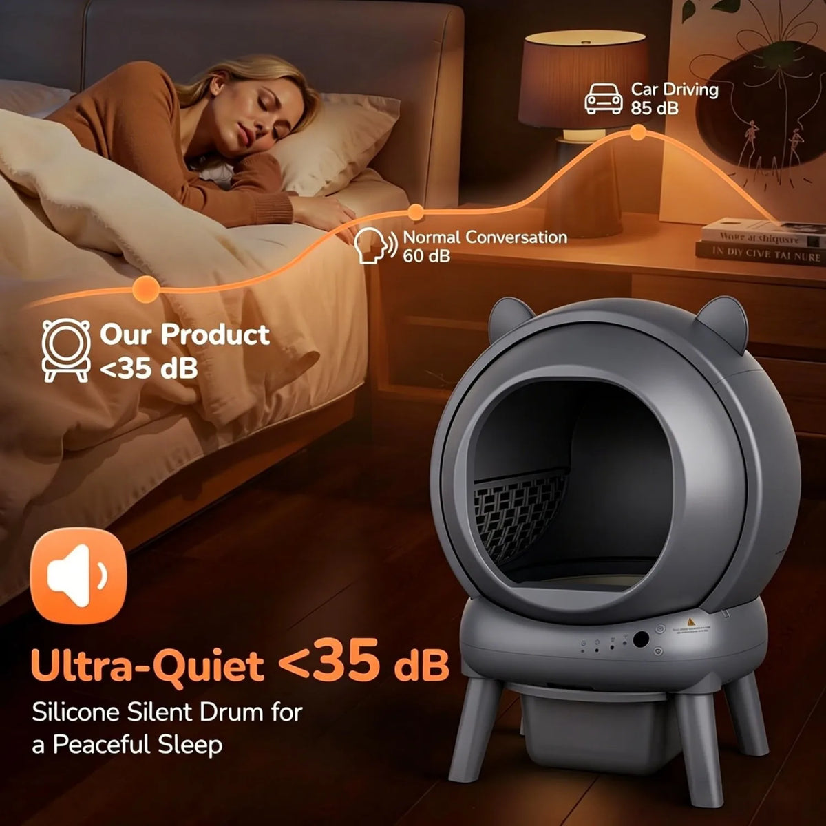 A gray automatic self-cleaning cat litter box is shown next to a person sleeping in bed, demonstrating its ultra-quiet operat