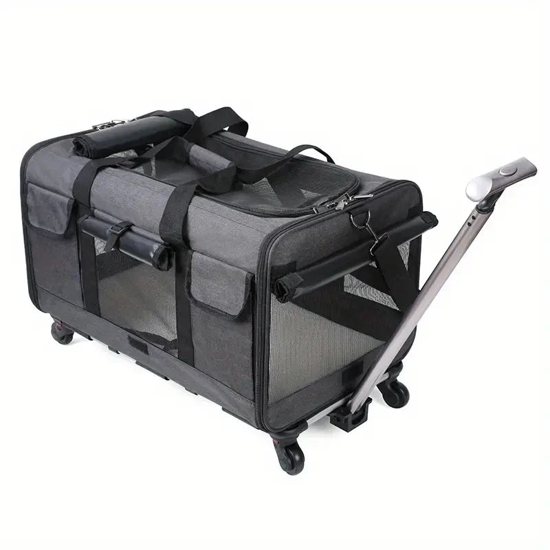 Transport portable pour animaux noir extra-large avec poignée et roues.