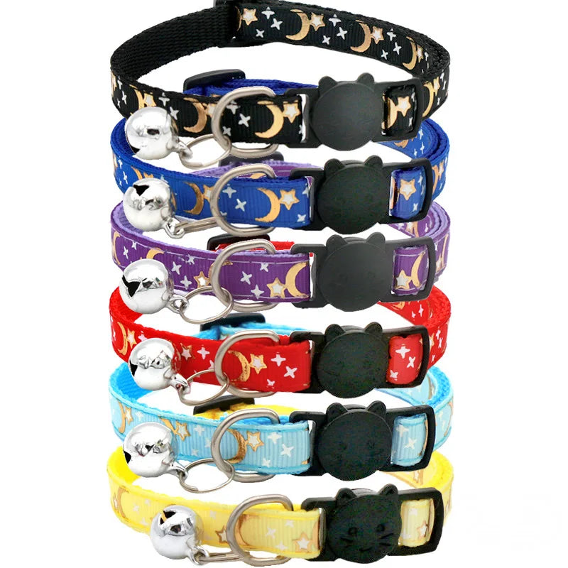 Celestial Star and Moon Cat Collar with Reflective Buckle and Bell