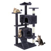 A multi-level cat tree with various scratching posts and condos, featuring dark gray fabric and white stripes.