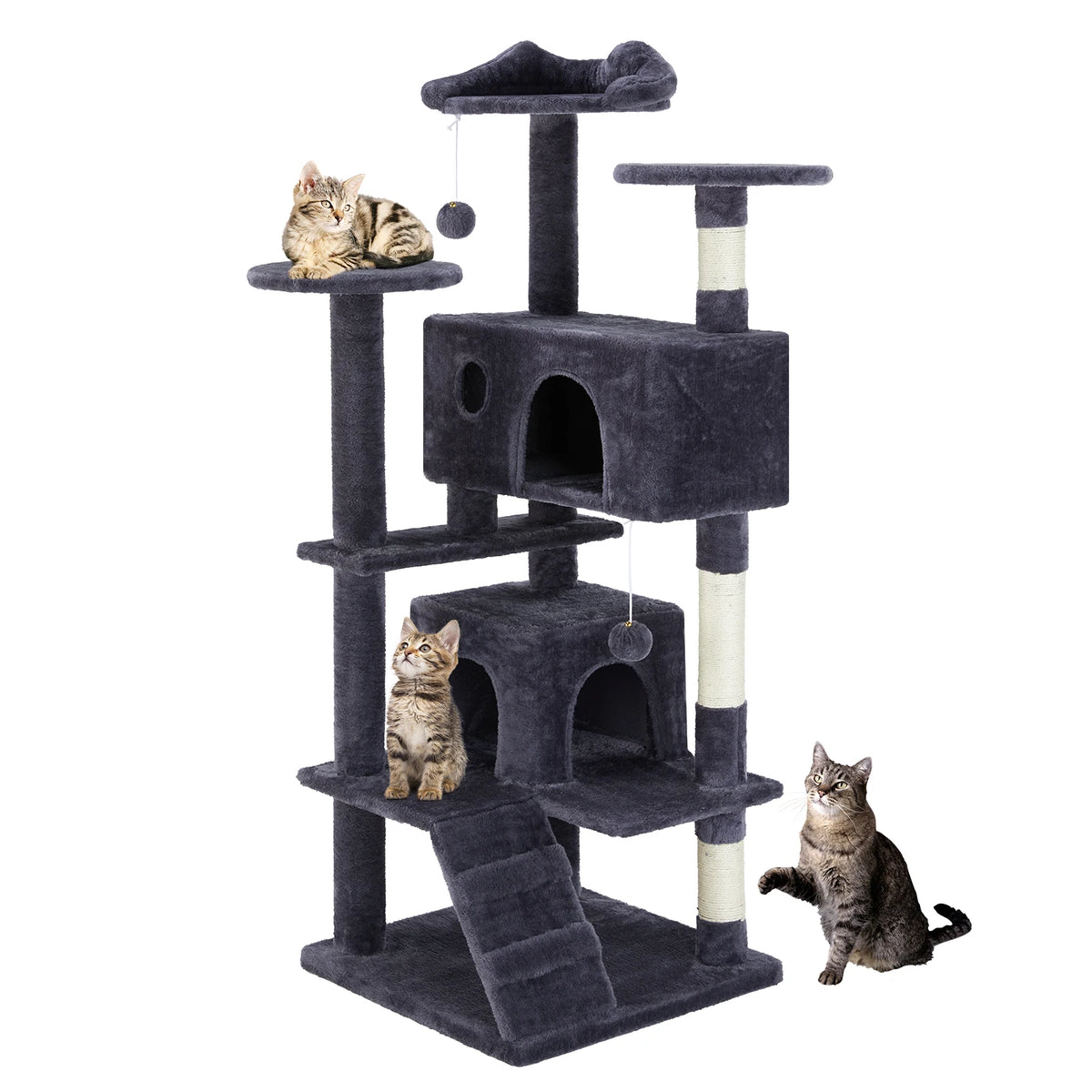 A multi-level cat tree with various scratching posts and condos, featuring dark gray fabric and white stripes.