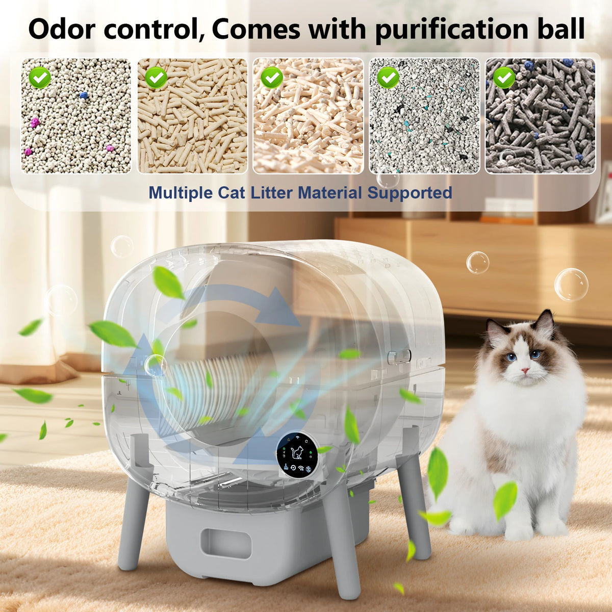 A clear, self-cleaning cat litter box is shown with a cat nearby on a carpet.