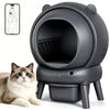 A gray automatic self-cleaning cat litter box with a smart app interface shown next to a cat.