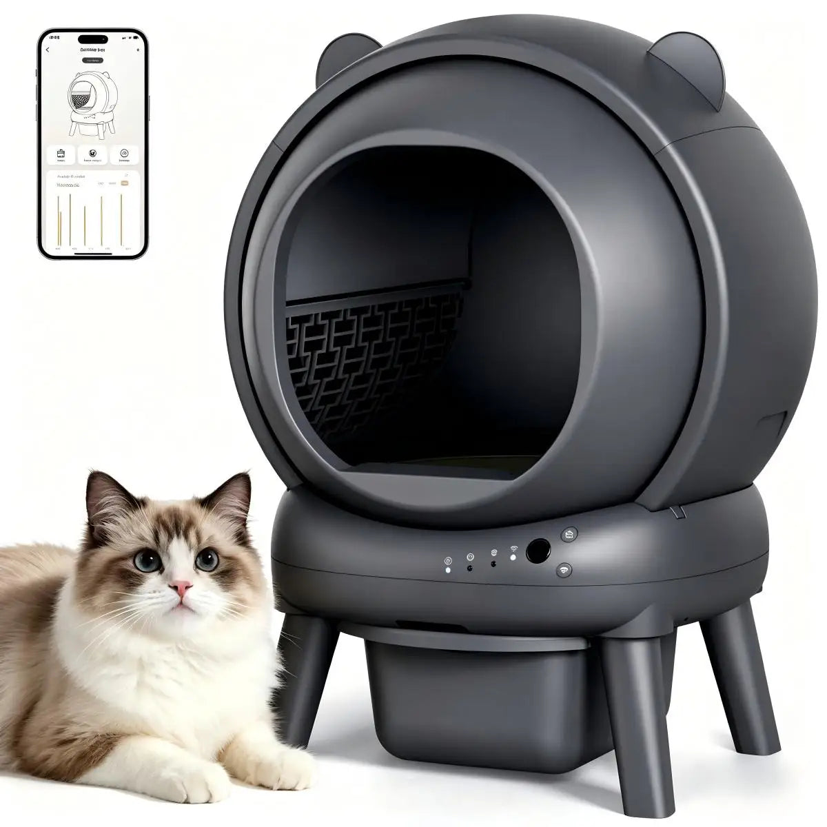 A gray automatic self-cleaning cat litter box with a smart app interface shown next to a cat.