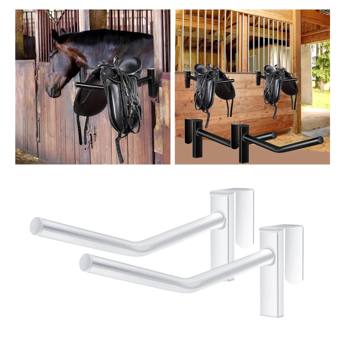 Silla de dos piezas para pared con sillas de cuero negro montadas en accesorios de madera y metal.