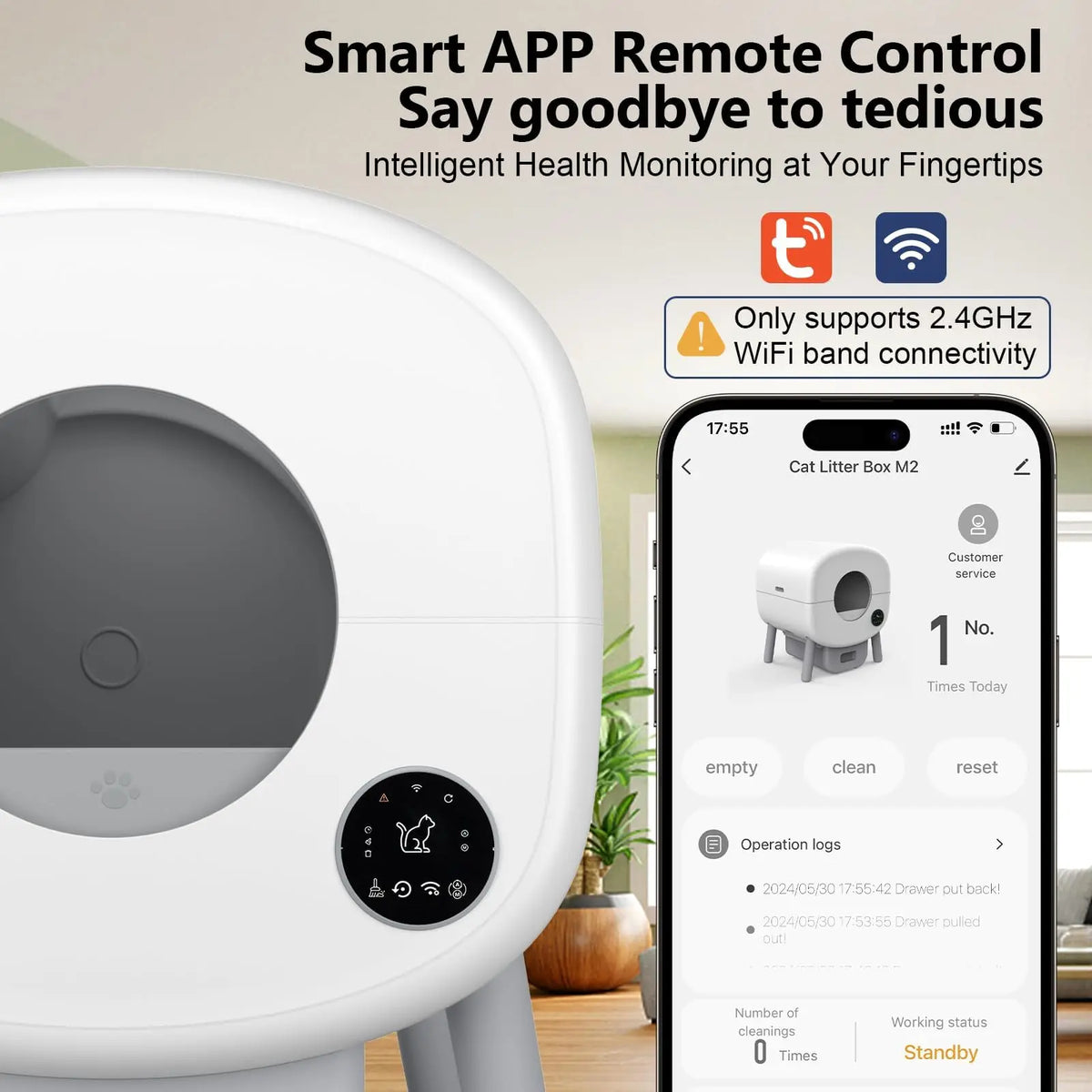 A white smart cat litter box is shown next to a smartphone displaying its monitoring interface.