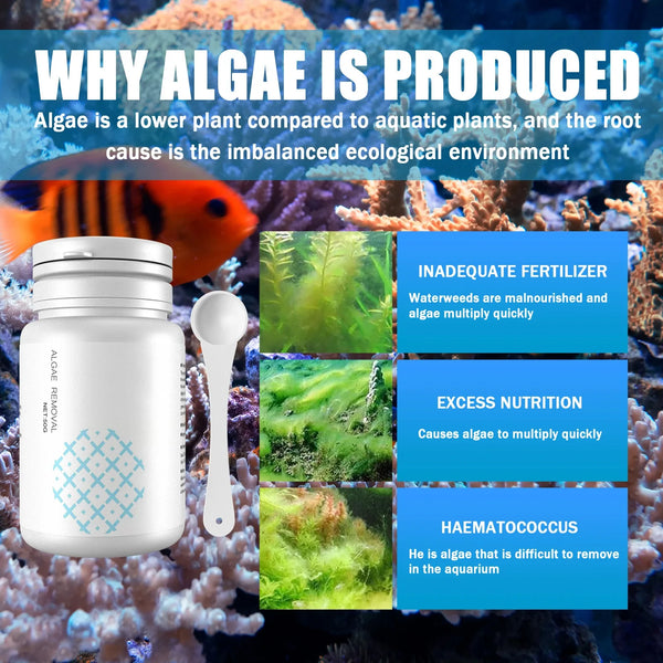 White tablets for aquarium algae control shown against a background of marine life and seaweed.