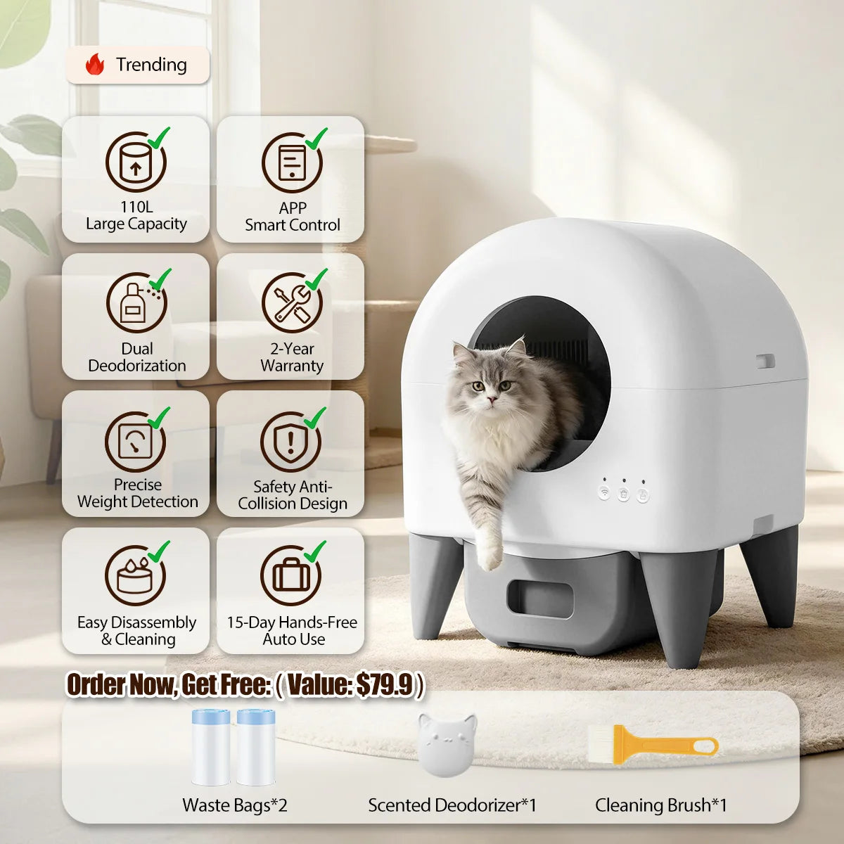 A white automatic self-cleaning cat litter box with a cat inside, surrounded by accessories.