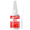A bottle of JXV 401 instant adhesive glue with a white dropper and a clear applicator stick.