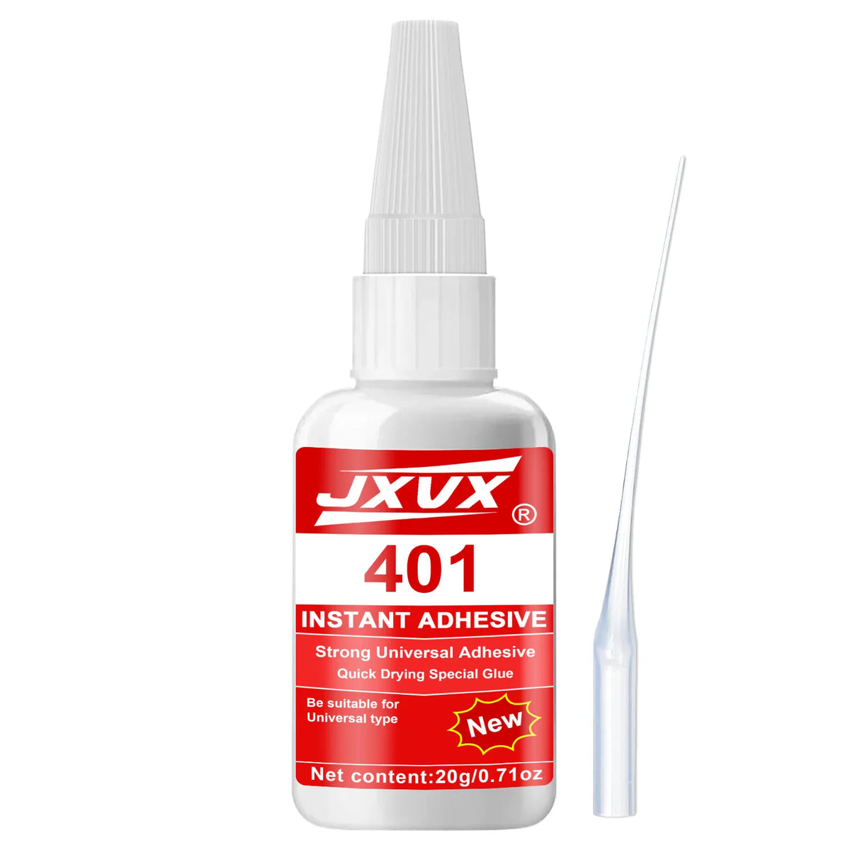 A bottle of JXV 401 instant adhesive glue with a white dropper and a clear applicator stick.
