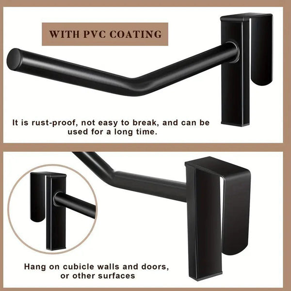 Black two-piece wall-mount saddle rack with PVC coating designed to be rust-proof and durable.